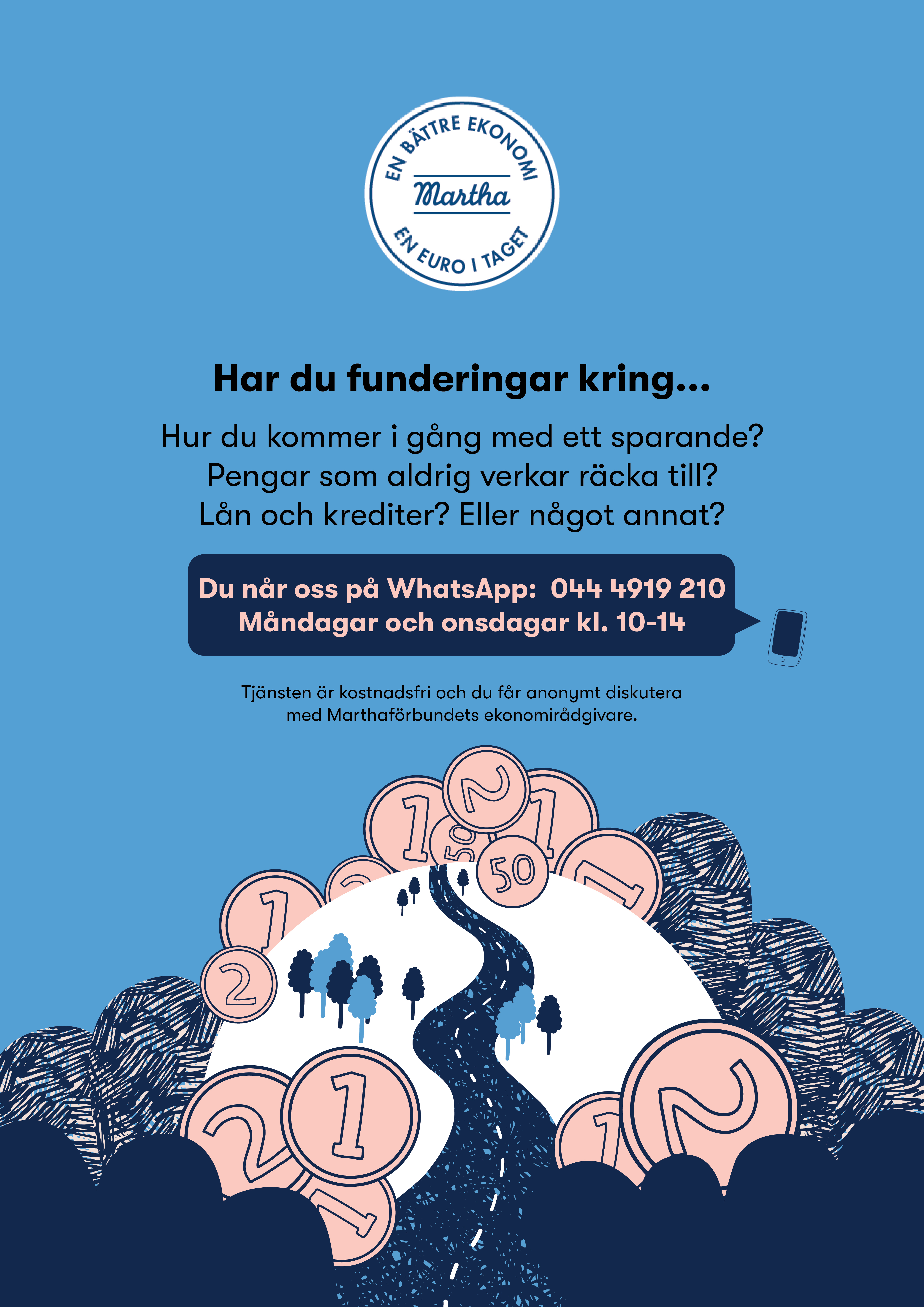 flyer om whatsapp ekonomitjänst: Har du frågor kring ekonomi?